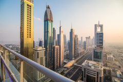 DUBAI, UAE - October, 2018. Aerial view of downtown Dubai in a autumn day, United Arab Emirates